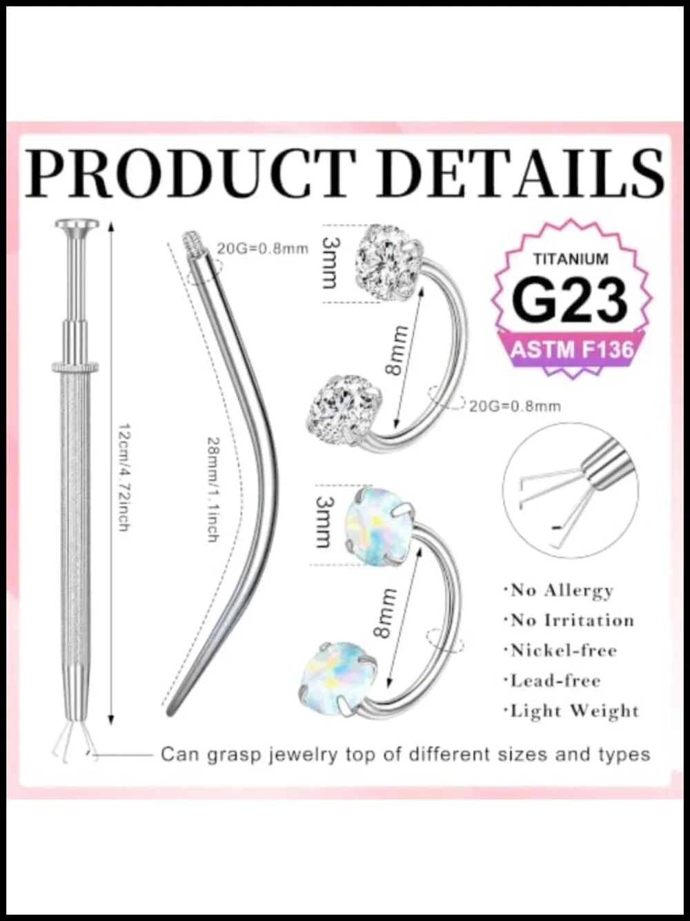 2pcs Titanium Horseshoe Nose Ring 20G 6mm 7mm 8mm Piercing Jewelry